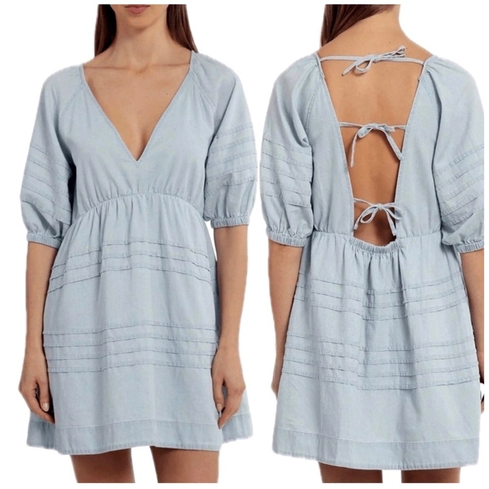 7 FOR ALL MANKIND Puff Sleeve Tie Back Denim Dress Size M - Picture 3 of 10